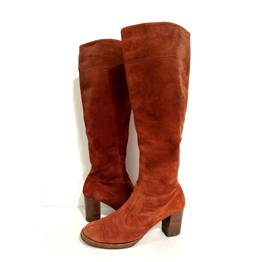 Beautiful 1970s Knee Boots, Genuine Suede Burnt Orange Stacked Heel Size 6